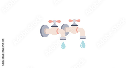 Dual water taps with dripping drops in minimal flat design