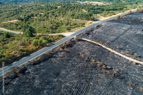 Obraz na plátně Aerial View of Burnt Field Next to Green Forest The Concept of Wildfire Aftermat