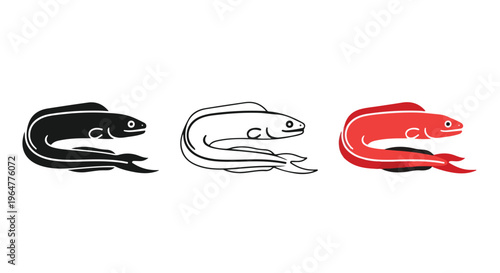 Three minimalist fish icons in black, white, and red on a plain white background with a simple line art style.