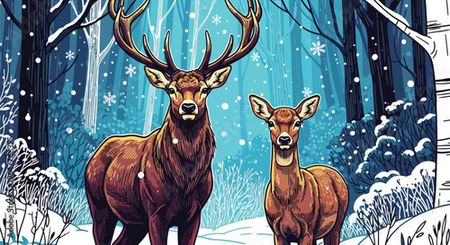 Majestic buck and doe standing in a snowy winter forest
