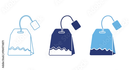 Three colored tea bag icons in various shades on a white background with a minimalist design style.
