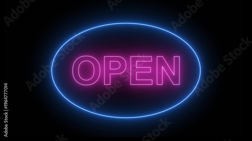 neon open sign in blue circle animation.