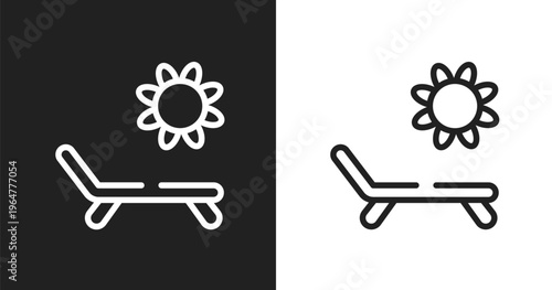 Sun and deck chair icon. Linear black, white icon from beautiful collection. Outline sun and deck chair vector. Thin line symbol isolated on white and black background