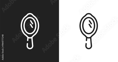 Hand mirror with shine icon. Linear black, white icon from beauty collection. Outline hand mirror with shine vector. Thin line symbol isolated on white and black background