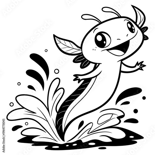 Happy axolotl character icon in splashing water. A cute amphibian mascot logo design in a simple black and white silhouette style.ai