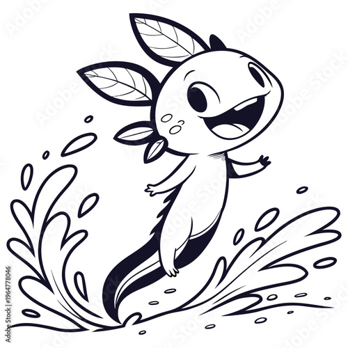 Happy axolotl character icon in splashing water. A cute amphibian mascot logo design in a simple black and white silhouette style.ai