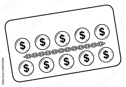 Dollar coins in pharmaceutical blister pack with metal chain financial concept line art