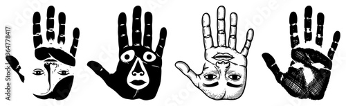 Human hands with surreal faces and mystical symbols in vintage woodcut style