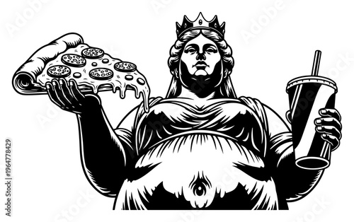 Large queen character holding giant pizza slice and soda cup in vintage engraving style