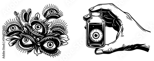 Carnivorous venus flytrap plants with eyes and hand holding glass bottle in surreal woodcut style