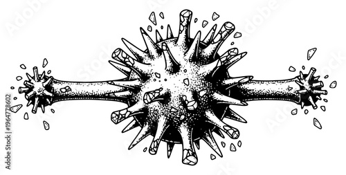 Crystalline virus sphere exploding into fragments in vintage woodcut style