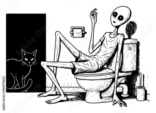Alien sitting on toilet bowl with cat in bathroom vintage woodcut style
