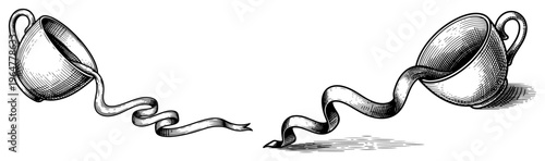 Floating teacups pouring liquid ribbons in classic etching style