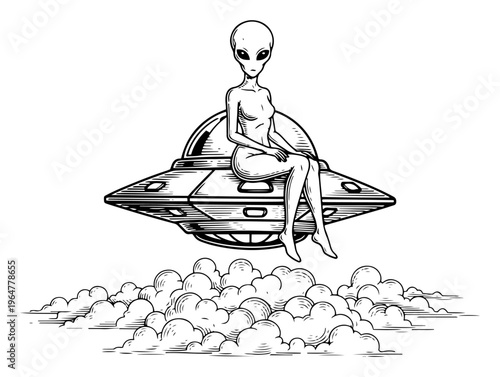 Extraterrestrial woman sitting on flying saucer above clouds vintage woodcut style