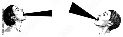 People shouting black geometric beams from open mouths vintage etching style