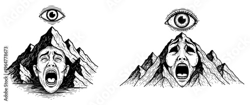 Surreal mountain peaks with screaming human faces and floating eyes in engraving style