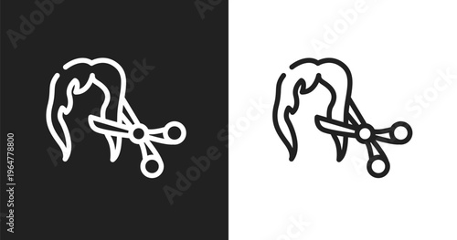 Female hair cut with scissors icon. Linear black, white icon from hair salon collection. Outline female hair cut with scissors icon vector. Thin line symbol for use on web and mobile apps, logo,