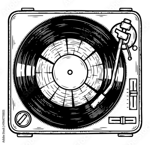 Vinyl record player turntable viewed from above in detailed vintage engraving style