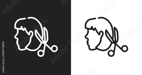 Heads hairs and scissors icon. Linear black, white icon from hair salon collection. Outline heads hairs and scissors vector. Thin line symbol isolated on white and black background