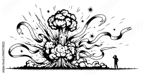 Explosion resembling mushroom cloud with surreal wavy ribbons watched by silhouette man in engraving style
