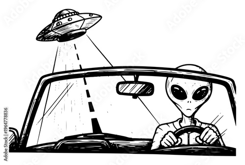 Alien driving convertible car under hovering UFO tractor beam vintage engraving style