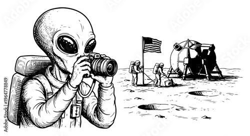 Alien photographer taking picture of astronauts on moon surface vintage engraving style