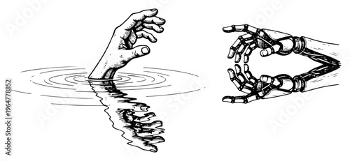 Human hand emerging from water with robotic machine reflection representing artificial intelligence in engraving style