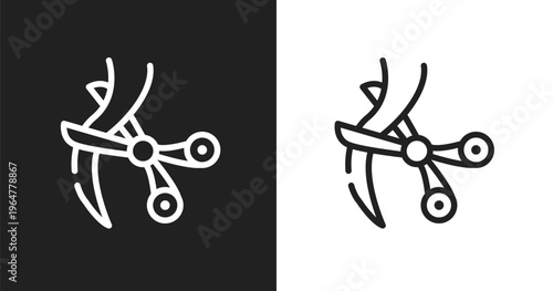 Scissors cutting hair icon. Linear black, white icon from hair salon collection. Outline scissors cutting hair vector. Thin line symbol isolated on white and black background