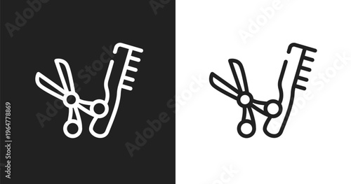 Scissors and comb icon. Linear black, white icon from hair salon collection. Outline scissors and comb vector. Thin line symbol isolated on white and black background