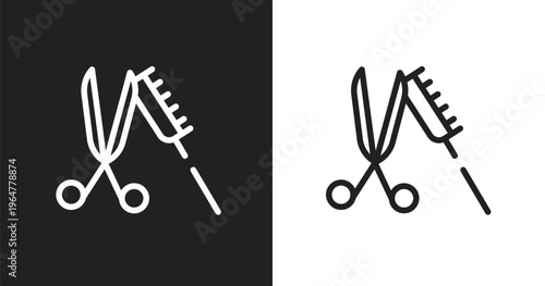 Scissor and comb icon. Linear black, white icon from hair salon collection. Outline scissor and comb vector. Thin line symbol isolated on white and black background