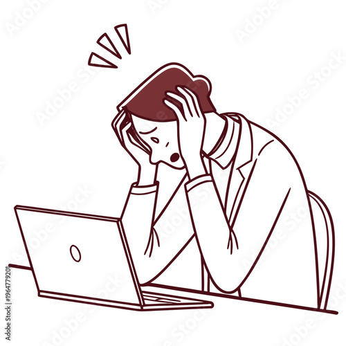 Woman stressed at laptop computer with hands on head frustrated