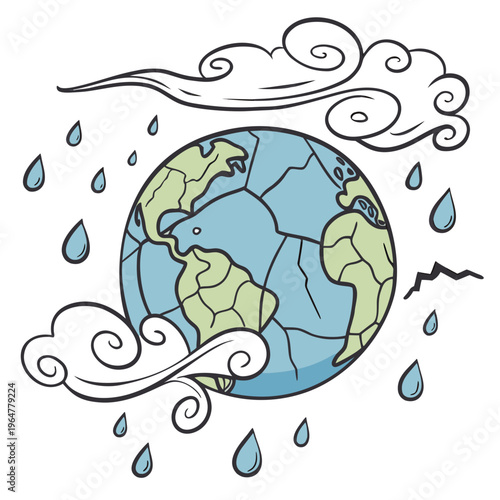 Earth with rain clouds and raindrops around it globe