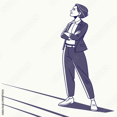 Businesswoman standing with arms crossed and looking up white background