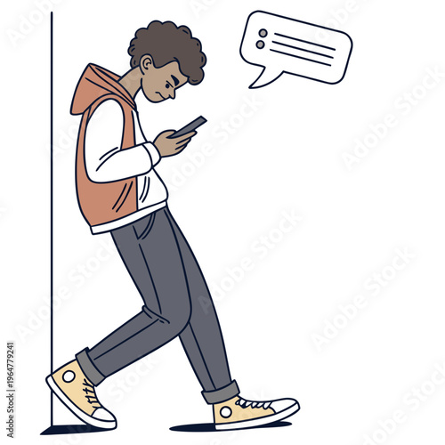 Man walking while texting on his phone with a speech bubble