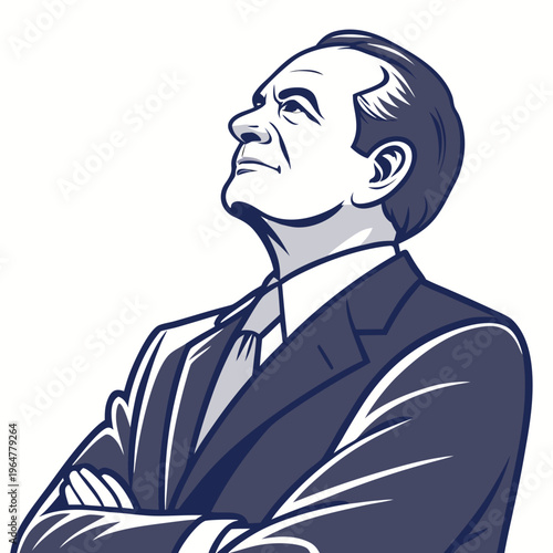 Businessman standing with arms crossed and looking up white background