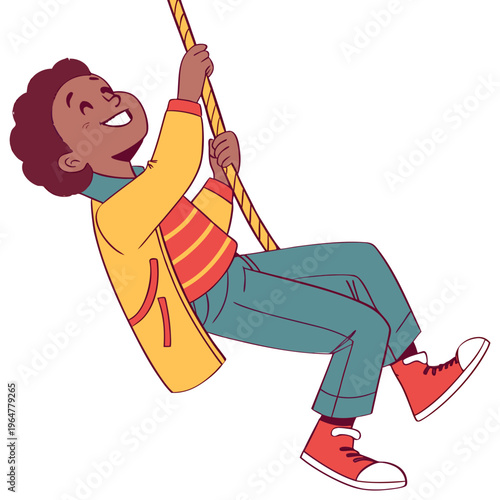 Boy swinging on a rope with a smile happy smiling