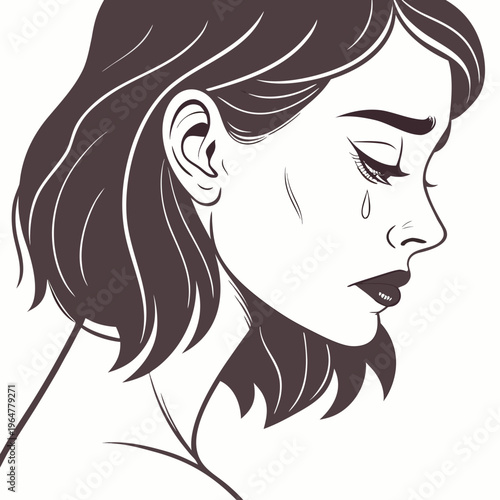 Crying woman with tear on her cheek and dark hair on white background black and white