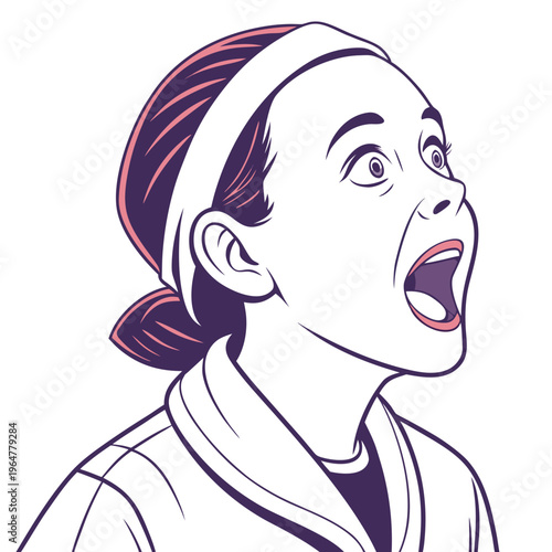 Surprised woman with open mouth and headband on white background purple and pink colors