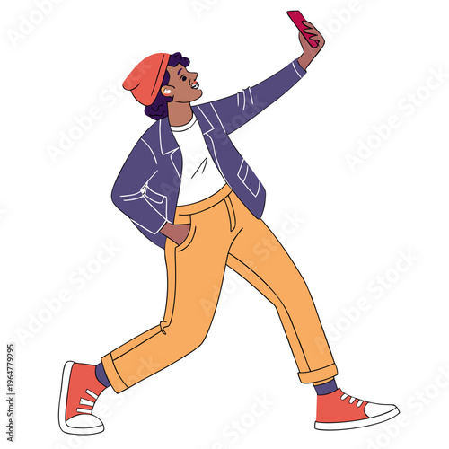 Young woman taking selfie while walking and wearing casual clothes phone