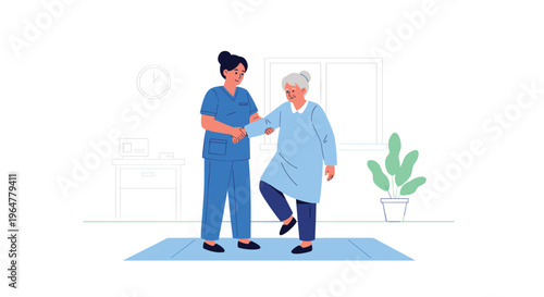 A female nurse in blue scrubs assists an elderly woman in a light blue dress with a standing exercise on a mat in a minimalist room.