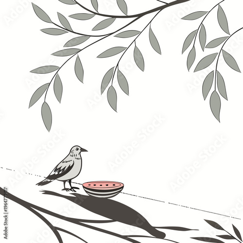 Bird standing on a branch with a watermelon slice leaves tree