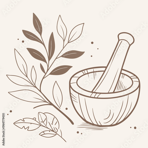 Mortar and pestle with herbs leaves botanicals