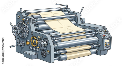 An intricate vintage printing machine with many grey rollers and gears processes a beige paper roll against a clean white background.