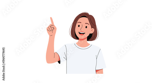 A cartoon woman with short brown hair and a white t-shirt stands against a plain white background, pointing her right index finger upwards.