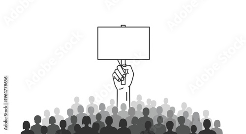A single prominent fist with a clenched hand holds a blank rectangular sign directly above a dense dark silhouetted crowd.