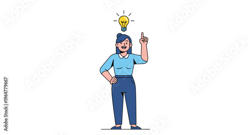 A smiling woman with blue hair stands, pointing upwards towards a glowing yellow lightbulb above her head on a white background.