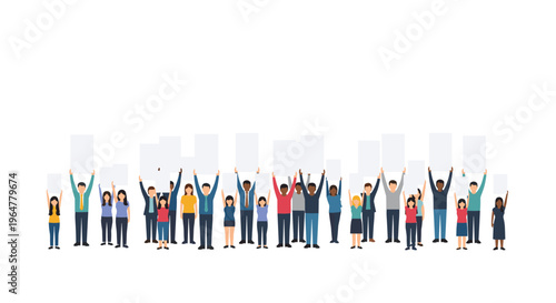 A diverse line of approximately 20 cartoon-style individuals stands, each holding a blank white rectangular banner above their heads.