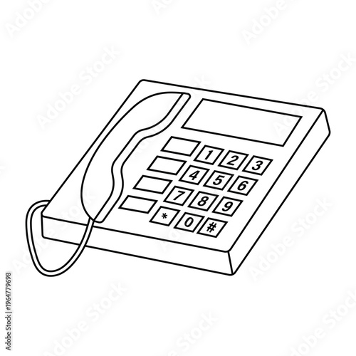 Black and white line drawing of a standard desk telephone with a numeric keypad and handset vector design