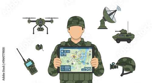 A soldier in camouflage holds a tablet with a tactical map, surrounded by military equipment including a drone, satellite dish, and armored vehicle on a white background.