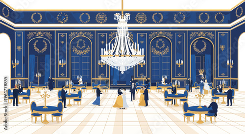 A grand ballroom with blue walls, gold accents, and a large chandelier is filled with formally dressed people dancing and socializing at round tables.